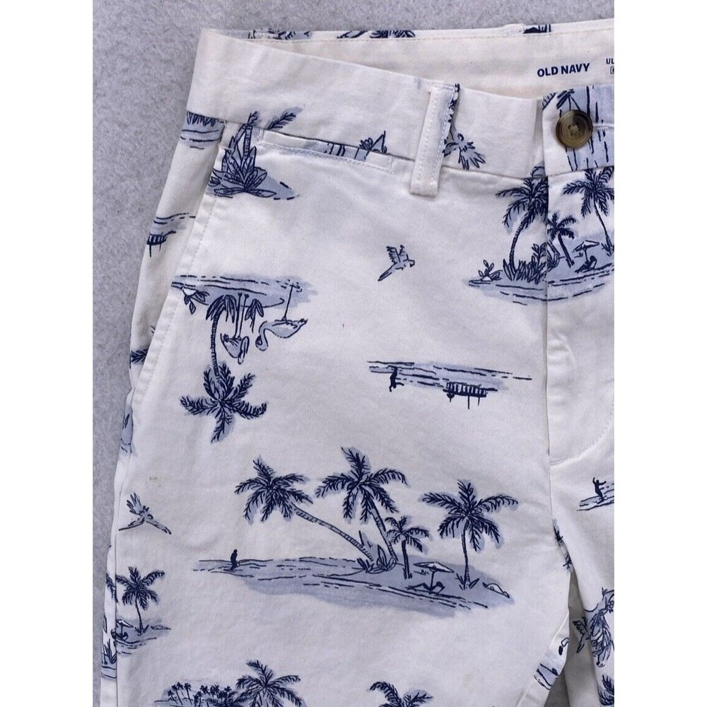 Old Navy Ultimate Slim Shorts Mens 30 White Blue Palm Tree Scenic Beach Chino - Picture 2 of 9